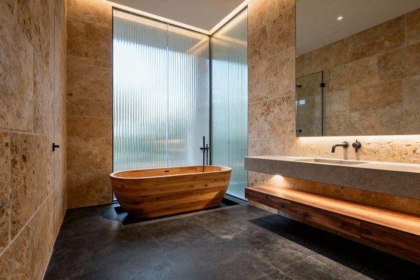A minimalist bathroom with warm travertine wall tiles and a freestanding solid-wood soaking tub set beside floor-to-ceiling reeded glass that diffuses natural light. A floating concrete vanity with integrated sink sits under a large mirror, complemented by matte black fixtures, concealed LED strip lighting, a slim wood shelf, and charcoal large-format floor tiles for a serene, spa-like feel.