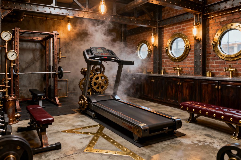A steampunk-style home gym centers on a treadmill over polished concrete with brass inlays, framed by oversized brass gears venting steam; to the left a copper-piped squat rack with pressure gauges sits on rubber mats. Along the right red-brick wall, three brass-rimmed porthole windows sit above dark wood cabinets and a concrete countertop with brass taps, while riveted steel beams, exposed ductwork, Edison bulbs, and burgundy tufted benches warm the industrial space.