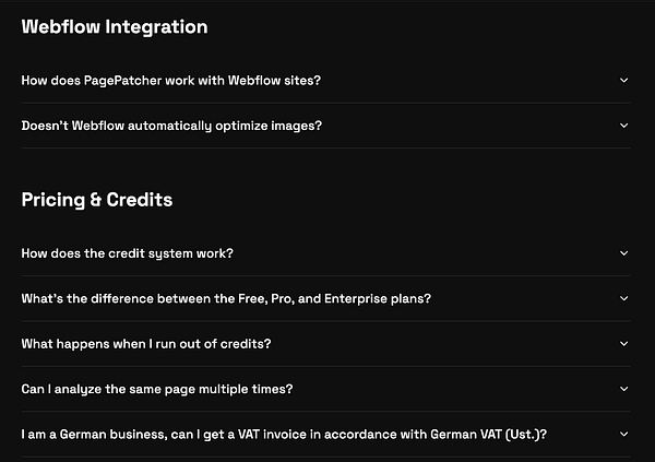 The image displays a section of a FAQ page related to Webflow integration and pricing.