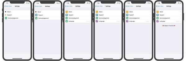 A series of five smartphone screens displaying a settings menu for an app called 'Daily Vibes'.