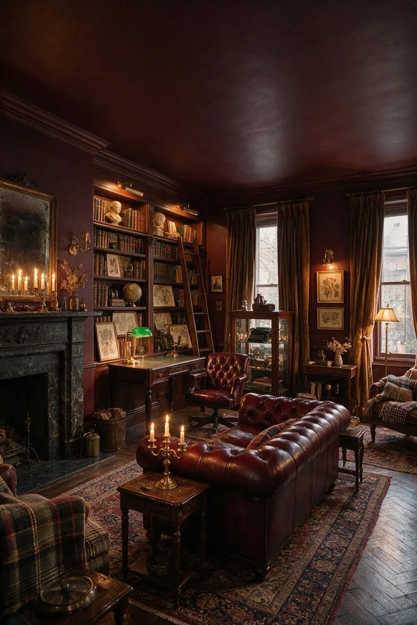 A dark academia living room with deep burgundy walls and ceiling, a carved black fireplace, tall bookcases filled with old books and busts, and a burgundy tufted leather sofa on patterned rugs. Large windows are dressed with heavy brown drapes, while warm lamps and candles create a scholarly, intimate atmosphere.
