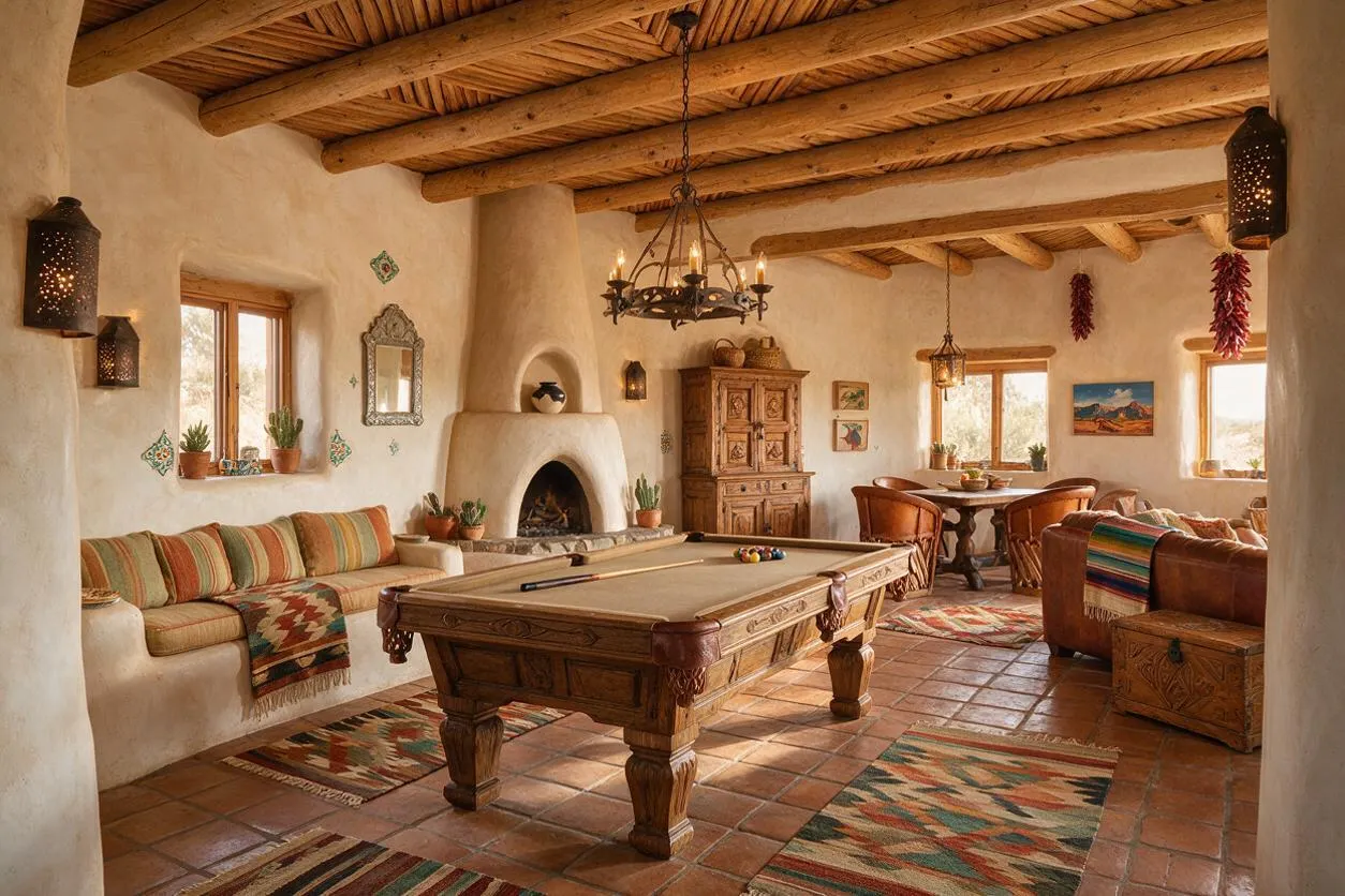 A warm Southwestern-style game room features a carved wooden pool table centered on terracotta tile floors, with exposed wooden ceiling beams above. White adobe-style walls, a rounded plaster fireplace, patterned textiles, rustic wood furniture, and hanging lanterns create a cozy, sunlit space.