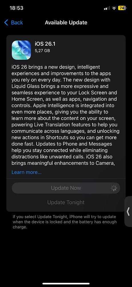 The image displays an iOS update screen for version 26.1 on an iPhone.