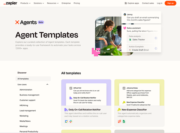The image displays the Zapier Agents Beta page showcasing various agent templates for task automation.