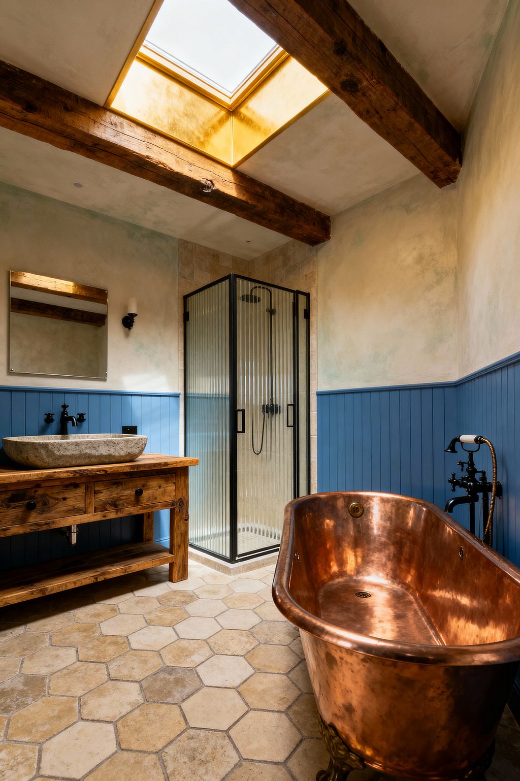 Farmhouse bathroom with a freestanding copper tub and black vintage-style filler on the right, a reclaimed-wood vanity with a carved stone basin and black tap on the left, and a corner shower enclosed in reeded glass with a black frame. Hexagonal tumbled stone flooring, blue beadboard wainscoting beneath pale limewashed plaster walls, exposed timber ceiling beams, and a large skylight flooding the space with warm natural light.