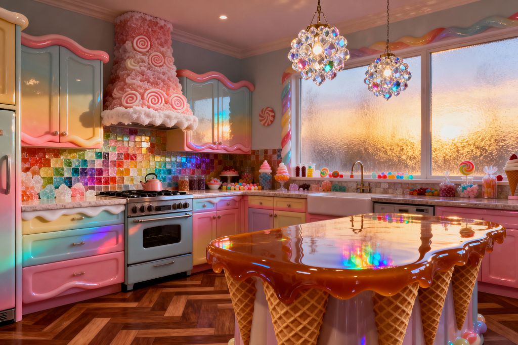 A whimsical Candy Land–inspired kitchen features pastel ombré cabinets with wavy, icing-like trim, a cotton-candy textured range hood studded with swirl lollipops, and a rainbow glass tile backsplash. Center stage, an island with waffle-cone sides and a glossy caramel-look resin top gleams beneath crystal pendant lights, beside a white farmhouse sink with brass faucet, a retro pastel range, chevron wood floors, and frosted windows lined with jars of colorful candies.