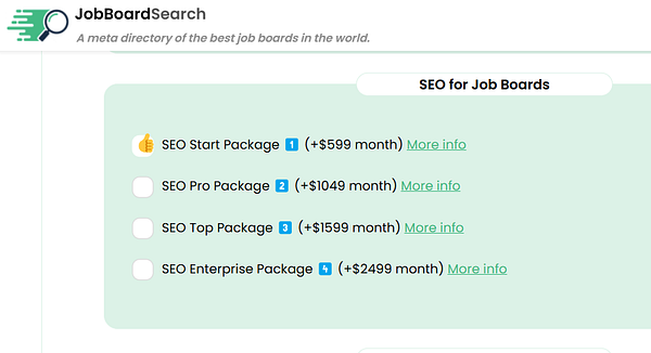 The image displays a section of a website offering various SEO packages for job boards.