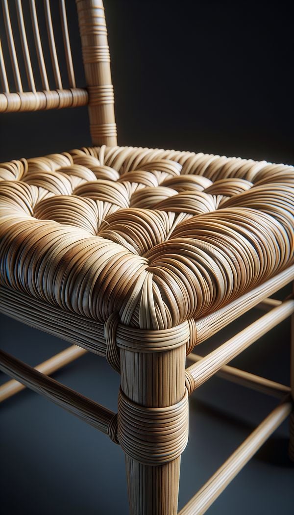 A close-up image of a chair featuring a tightly woven rush seat, showcasing the intricate weaving pattern and natural tones of the rushes.