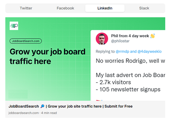 The image features a promotional graphic for JobBoardSearch, highlighting its services and a user testimonial.