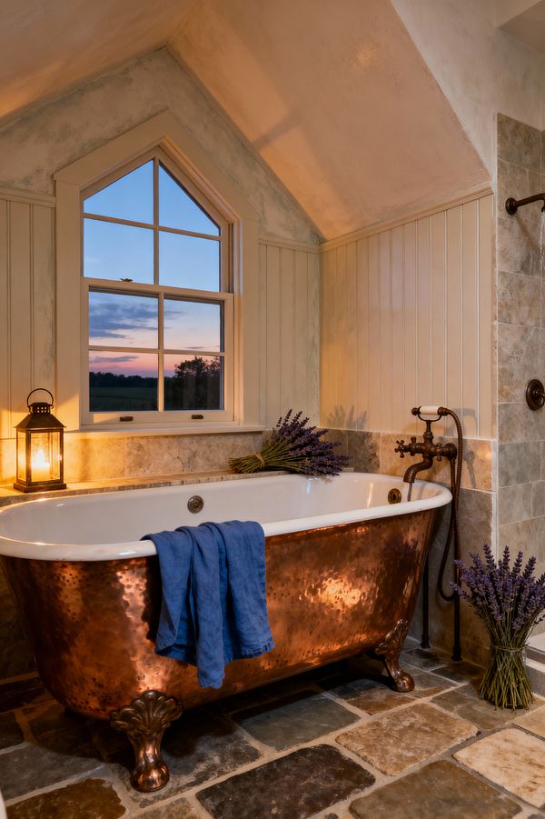 A cozy farmhouse bathroom features a hammered copper clawfoot tub with a white enamel interior, draped with a blue towel and set on multi-tone tumbled stone flooring. Warm lamplight and a sunset through a gabled window illuminate cream beadboard wainscoting, travertine wall tiles, and an oil-rubbed bronze exposed tub filler, while bundles of fresh lavender rest on the ledge and floor for soft color and rustic charm.