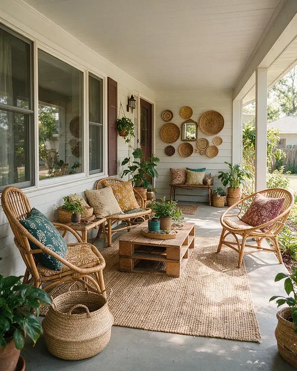 A cozy front porch furnished with curved rattan chairs, a small rattan loveseat, and a rustic wood pallet coffee table on a jute rug. The white paneled porch is decorated with woven wall baskets, hanging plants, and potted greenery, creating a relaxed bohemian outdoor living space.