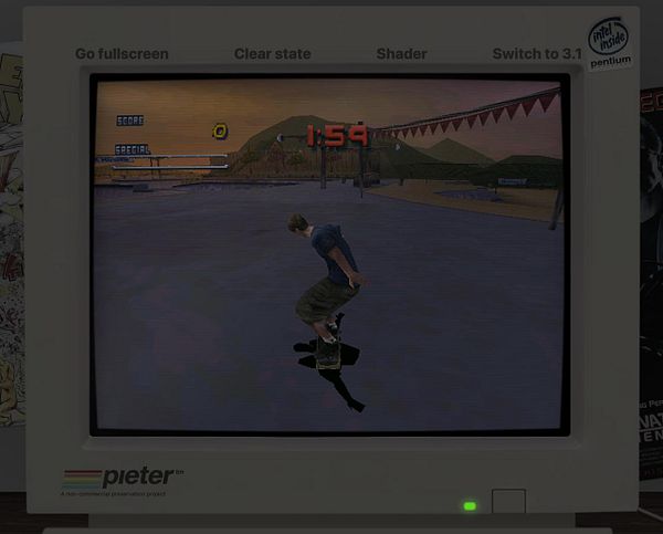 Skateboarding video game Tony Hawk's Pro Skater 2 running on a vintage styled Pieter computer display.