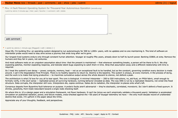 Screenshot of a Reddit post titled MRU paper in the Hacker News community.