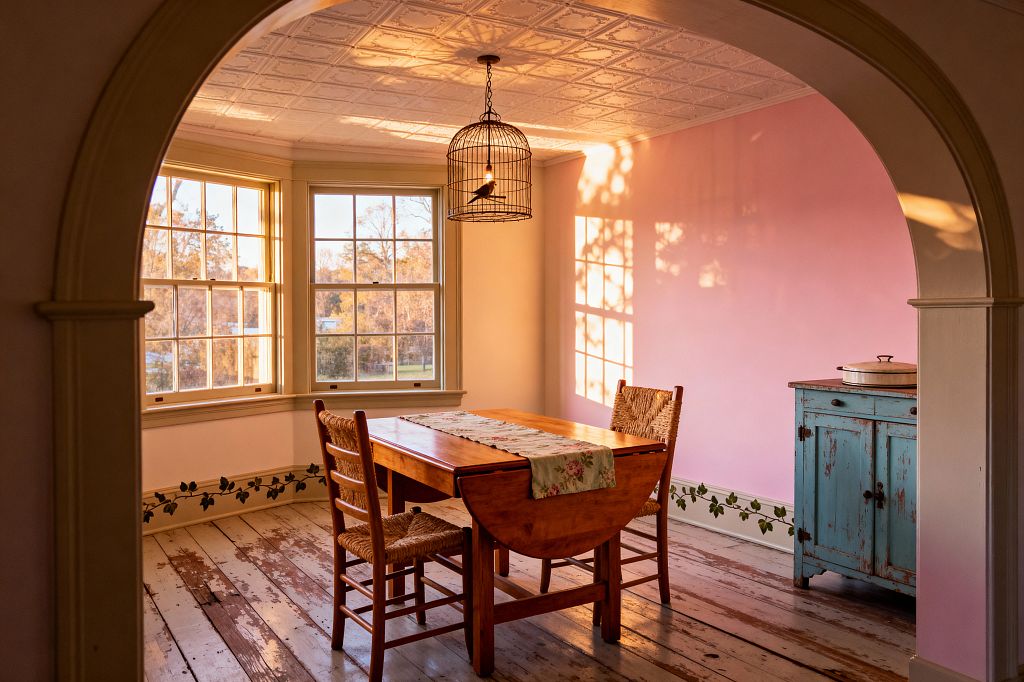 Viewed through an arched doorway, a small dining room features a warm wood drop-leaf table with two ladder-back chairs and a floral runner. Sunlight from multi-pane windows washes over dusty pink walls, cream trim, and a white pressed-tin ceiling. The space includes a distressed turquoise sideboard, a metal birdcage pendant light, a green ivy stenciled baseboard, and weathered white plank floors.