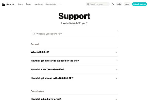 The image displays the support page of BetaList, featuring a search bar and a list of frequently asked questions.