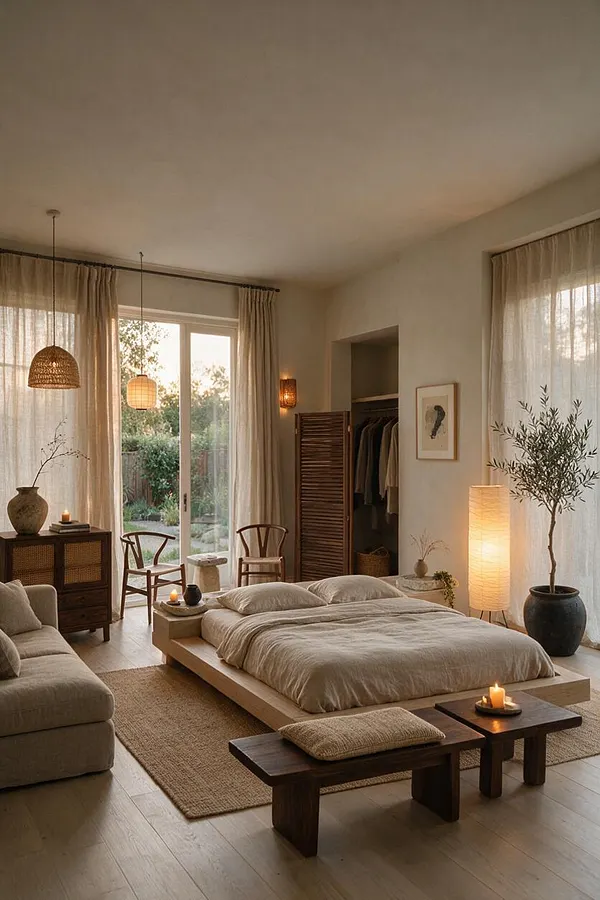 A serene Japandi-style master bedroom with a low platform bed dressed in beige bedding, soft neutral curtains, and natural wood furniture. The room includes woven pendant lights, a paper floor lamp, indoor plants, a textured rug, and a small seating area by large glass doors opening to greenery.