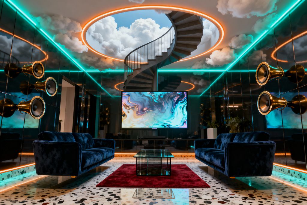 Symmetrical media room with two deep navy velvet sofas facing a large wall-mounted screen over a red rug and glass coffee table on white terrazzo flooring. Mirrored black wall panels reflect a surreal ceiling: a circular backlit dome reveals a sky with clouds pierced by a sculptural spiral staircase, while teal and amber LED strips outline the room; polished brass horn-shaped speakers flank the seating, creating a futuristic, dreamlike atmosphere.