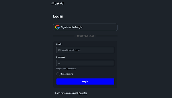 The image displays a dark-themed login interface for LakyAI.