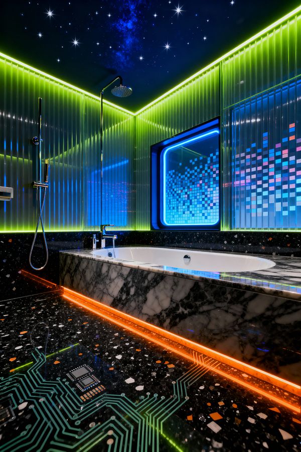Neon-lit bathroom featuring a drop-in white tub clad in gray-veined marble, set within black terrazzo surfaces and a floor printed with circuit board lines. Vertical fluted glass wall panels are backlit in lime and green, a blue-framed window or mirror shows a pixel pattern, chrome rainfall and hand shower fixtures gleam at left, and a midnight-blue starry ceiling with perimeter LEDs and orange light at the tub base creates a futuristic glow.