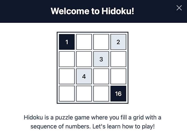 A tutorial modal for the game Hidoku, designed for new players.