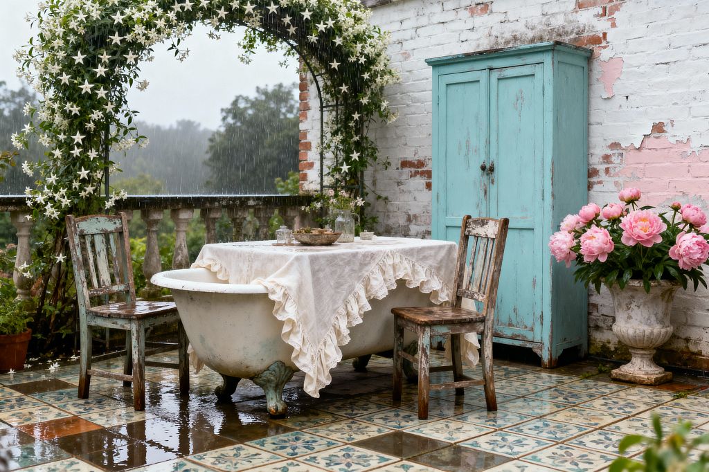 A rain-soaked shabby chic patio features a clawfoot bathtub used as a table, covered with a ruffled lace cloth and flanked by two weathered wooden chairs. Blue-and-cream patterned floor tiles, a distressed turquoise armoire, a peeling white-and-pink brick wall, a stone urn filled with pink peonies, and a metal arch draped in star-shaped white flowers frame the space, with a balustrade and misty trees beyond.