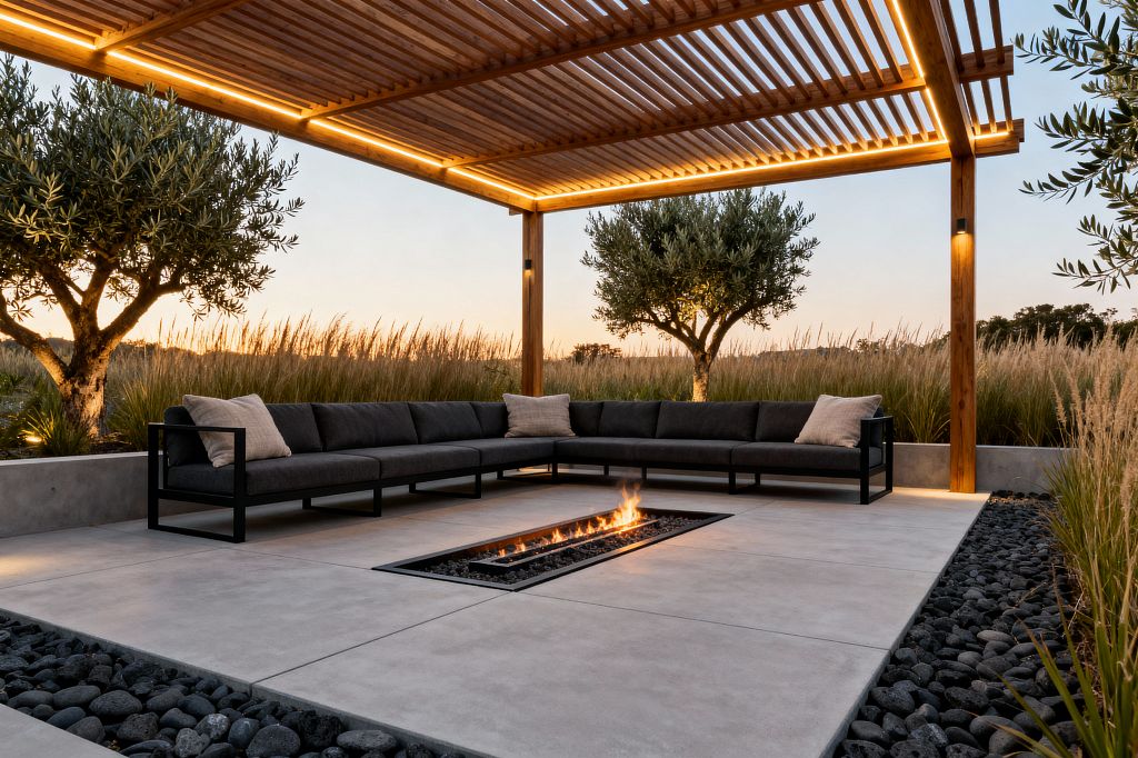 A modern patio at dusk features a slatted wood pergola with integrated warm LED lighting, shading an L-shaped outdoor sofa with a black metal frame and charcoal cushions. A rectangular recessed linear fire pit set in dark stones sits within large light-gray concrete pavers, bordered by bands of black river rock, while low concrete planters hold olive trees and tall ornamental grasses around the seating area.