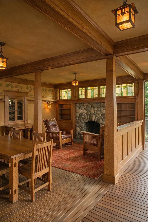A covered Craftsman-style backyard porch with exposed wood beams, square posts, a stone fireplace, stained wood furniture, and amber lantern lights. Stained glass transom windows and a muted red area rug add warmth to the natural wood deck and cozy outdoor living space.
