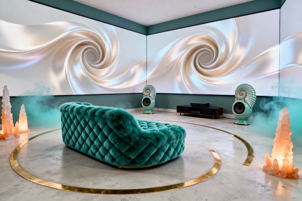 A surreal media room centers on a plush teal, diamond‑quilted sofa set on a polished concrete floor with circular brass inlays. Two adjoining walls act as a wraparound screen showing pearlescent swirl imagery, flanked by seafoam green nautilus‑shaped speakers and a low black media console, while glowing crystal formations and light mist create an otherworldly atmosphere in a palette of teal, pearl, gold, and gray.