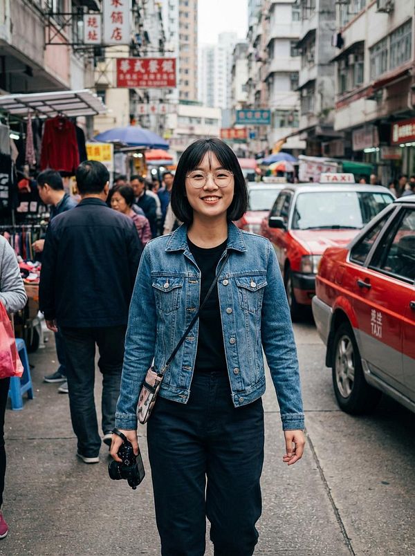 A young woman smiles while walking through a bustling street market in an urban setting.