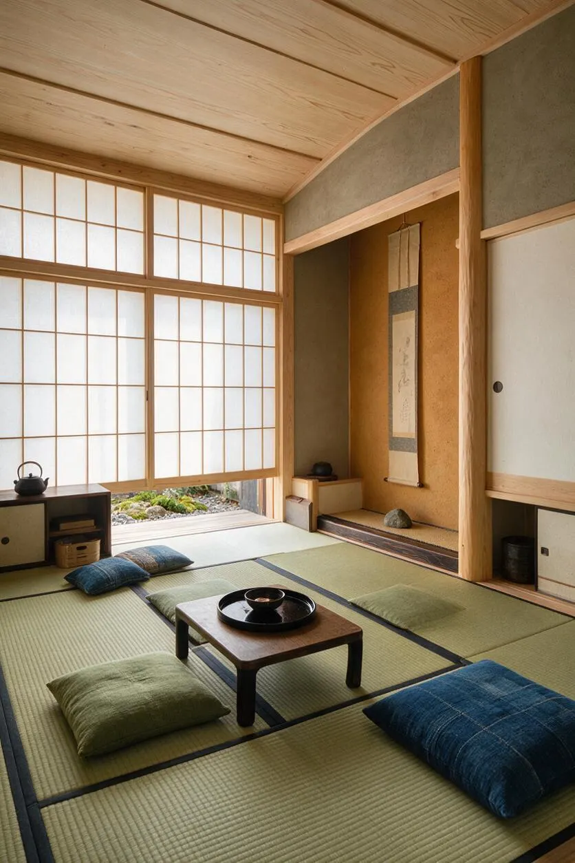 A compact Japanese Zen studio apartment with tatami mat flooring, low floor cushions, and a small wooden table centered in the room. Shoji paper screens filter soft daylight, while natural wood beams, a tokonoma alcove, and a hanging scroll reinforce the calm, minimalist atmosphere.