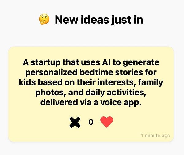 Screenshot of the ideasai.com web app interface showing startup idea generation results using xAI Grok 4.2 model.