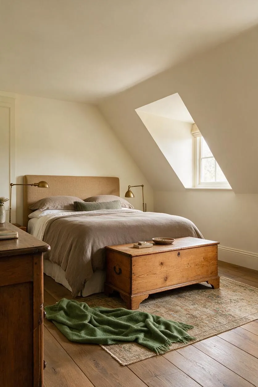 A serene master bedroom with a neutral upholstered bed, linen bedding, brass reading lamps, and a vintage wooden chest at the foot of the bed. The room has sloped ceilings, a small angled window, warm wood floors, a muted area rug, and a draped green throw for a soft, lived-in feel.