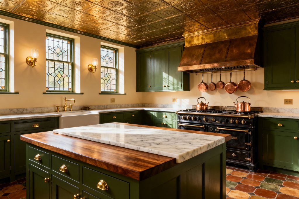 A Victorian-style kitchen with deep olive shaker cabinets, brass cup pulls, and veined marble counters surrounds a central island with a walnut top and marble pastry slab. A patinated copper hood sits over a black, brass-trimmed range with hanging copper pots, while a white farmhouse sink and brass bridge faucet line the windowed wall; leaded glass panes, brass hurricane sconces, an embossed gold tin ceiling, and terracotta hex floor tiles complete the warm, historic look.