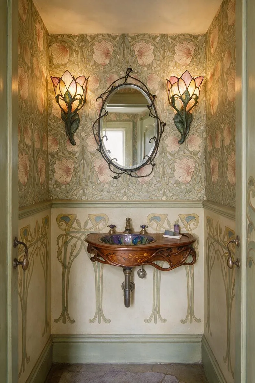 A narrow Art Nouveau bathroom with floral wallpaper covering the upper walls and decorative painted panels below. An oval mirror with an ornate dark metal frame hangs above a carved wooden sink console with a colorful basin, flanked by two lotus-shaped stained glass sconces.
