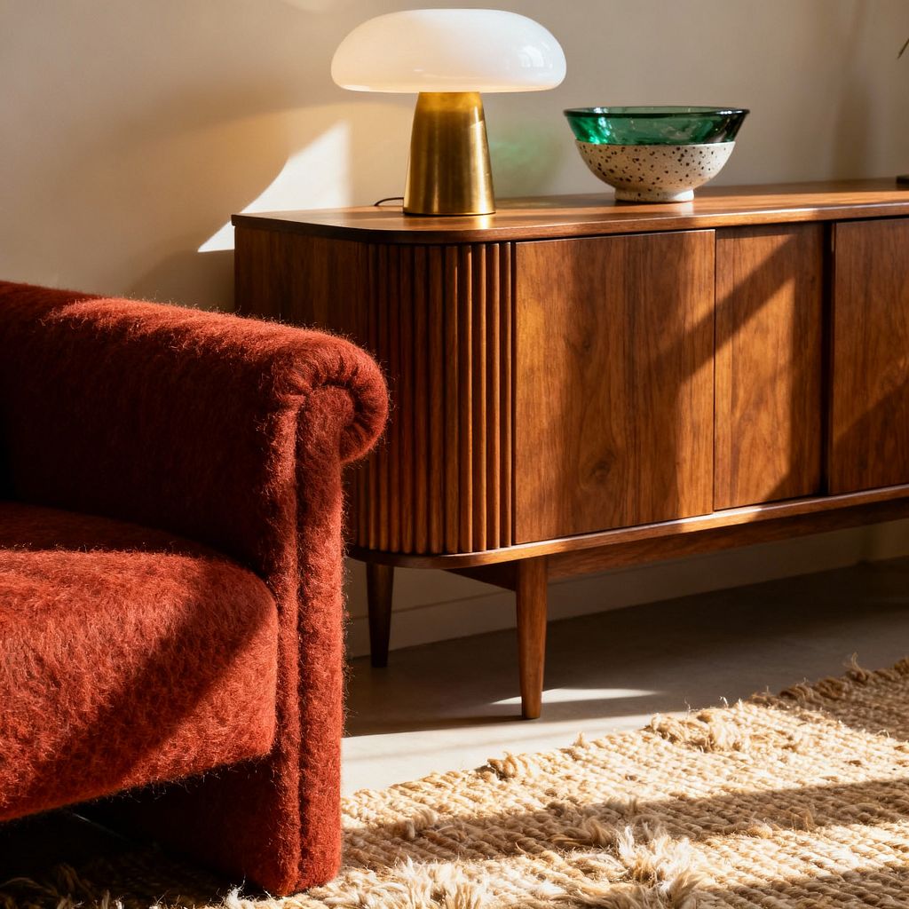 Close-up of a mid-century modern living room corner with a warm walnut sideboard on slim tapered legs beside a rust-colored bouclé sofa with a rolled arm. On the sideboard sits a brass-based mushroom lamp with a white opal glass shade and a green glass bowl on a speckled pedestal; sunlight washes across cream walls and a chunky natural jute rug over a pale concrete floor, creating a cozy, earthy atmosphere.
