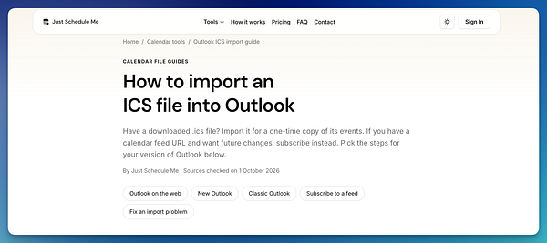 A webpage guide titled 'How to import an ICS file into Outlook' from Just Schedule Me with navigation and category options.