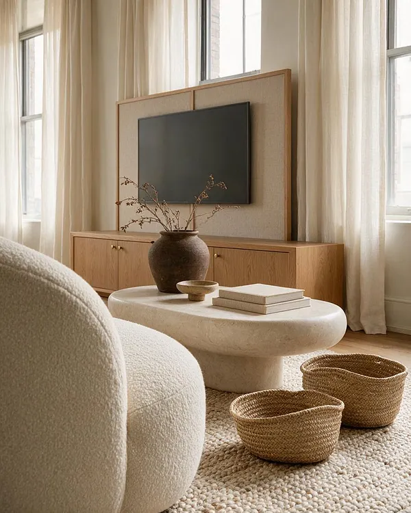 A serene media room with a wall-mounted black television centered on a linen-textured panel framed in light wood. Sheer ivory curtains filter daylight from tall windows, while a rounded stone coffee table, woven baskets, a textured cream chair, and a natural wood media console create a warm organic modern atmosphere.