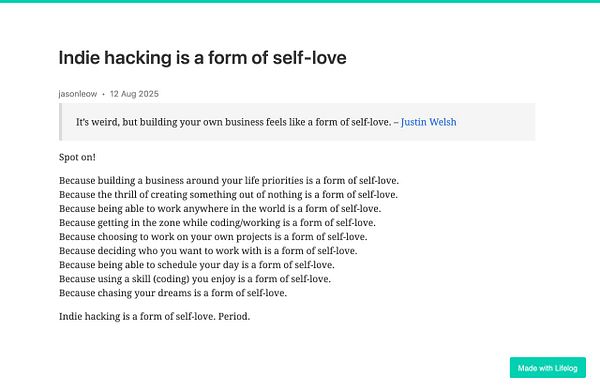The image features a blog post discussing the concept of indie hacking as a form of self-love.