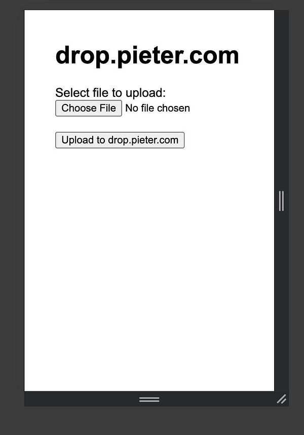 The image displays a file upload interface for the website drop.pieter.com.