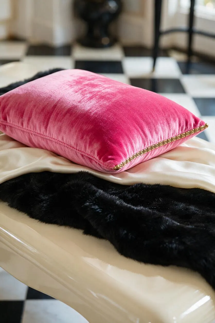 A bright pink velvet pillow with gold trim rests on layered cream satin and black faux fur over a glossy ivory bench. In the blurred background, a black-and-white checkered floor reinforces the glamorous Hollywood Regency setting.