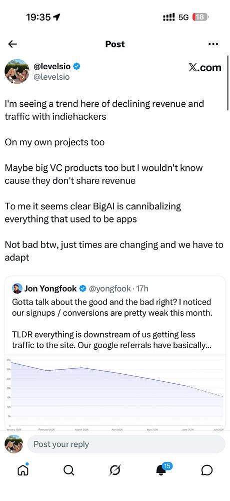 Screenshot of a Twitter post discussing indie business revenues compared to Big AI success, featuring a detailed tweet and user interface elements.