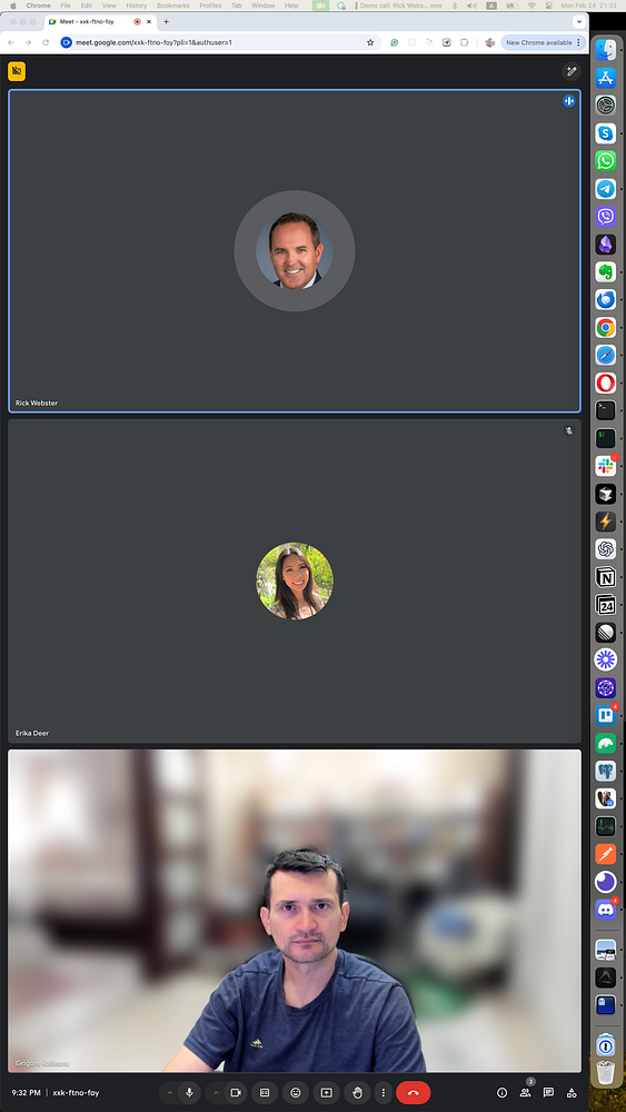 A video call interface featuring three participants, including the user.