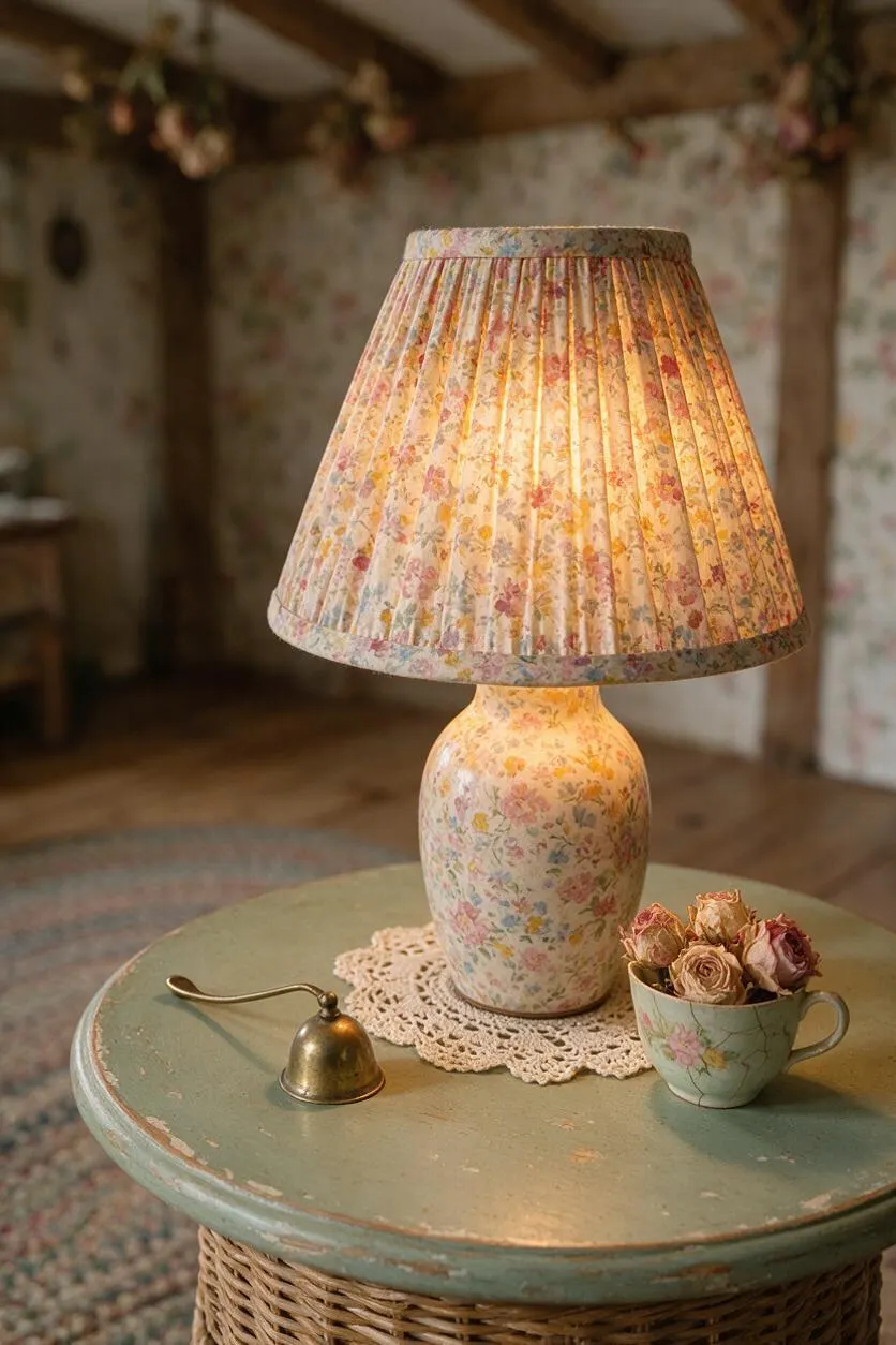 A warm cottagecore table vignette with a floral ceramic lamp and pleated fabric shade glowing softly on a distressed green round table. A brass call bell, lace doily, and floral teacup filled with dried roses complete the romantic, handmade look.