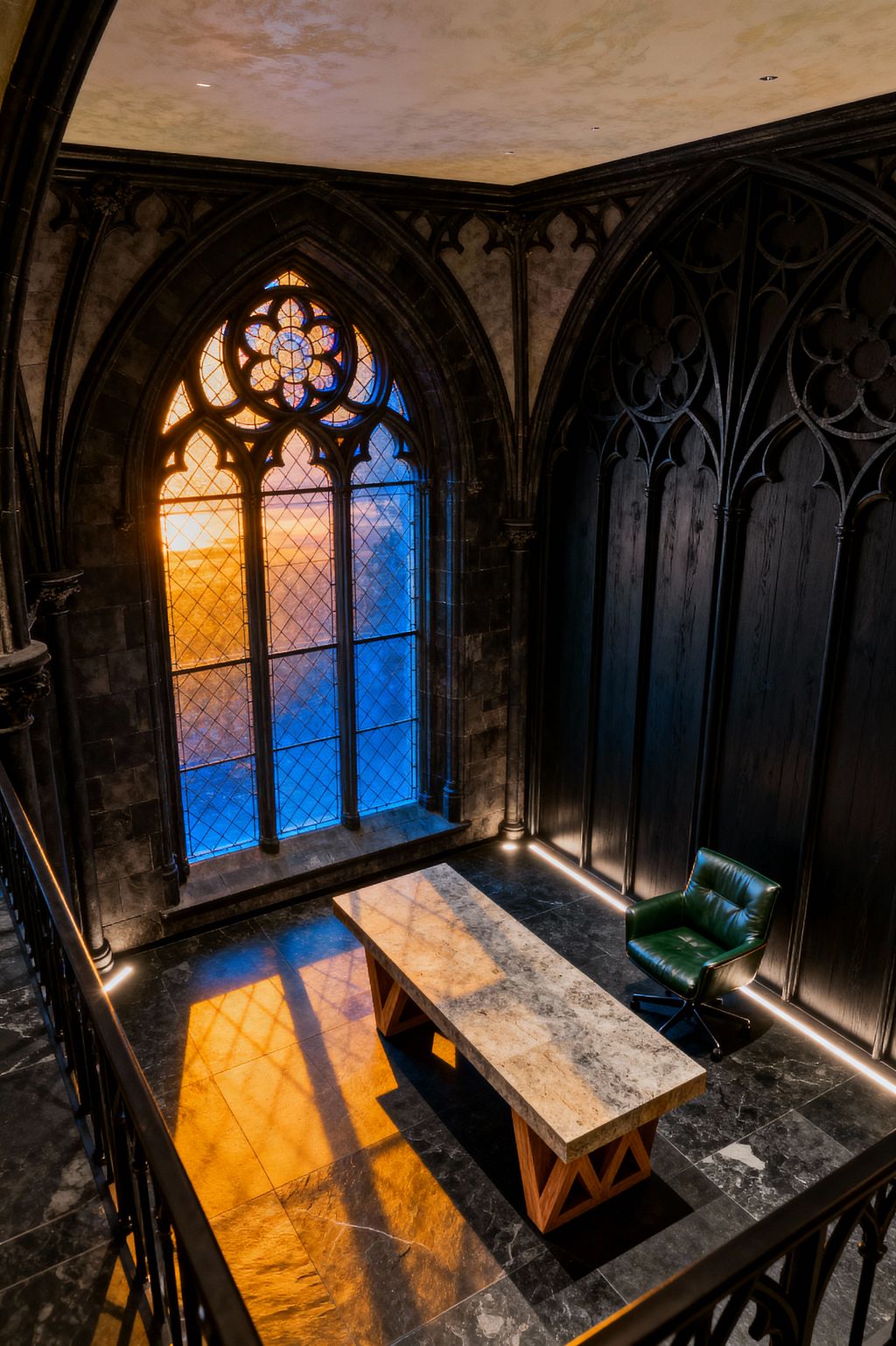 A dramatic Gothic home office showcases a tall pointed-arch stained-glass window that casts amber and blue light across dark stone floors. Blackened wood wall panels with carved tracery and clustered columns frame the space. A long desk with a pale stone slab on oak trestles faces the window, paired with an emerald green leather swivel chair. Concealed LED lighting washes the base of the walls beneath a soft plaster ceiling.
