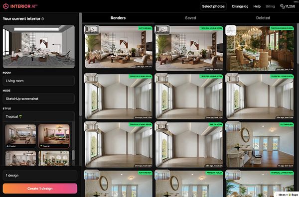 The image displays a user interface for an interior design application showcasing various design renders.