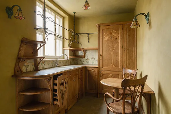 A compact Art Nouveau kitchen with custom carved wood cabinetry, a rounded work surface, and a tall pantry cabinet decorated with floral motifs. Decorative metal light fixtures, floral tile backsplash, and a small wooden table with curved chairs create a warm, handcrafted atmosphere.