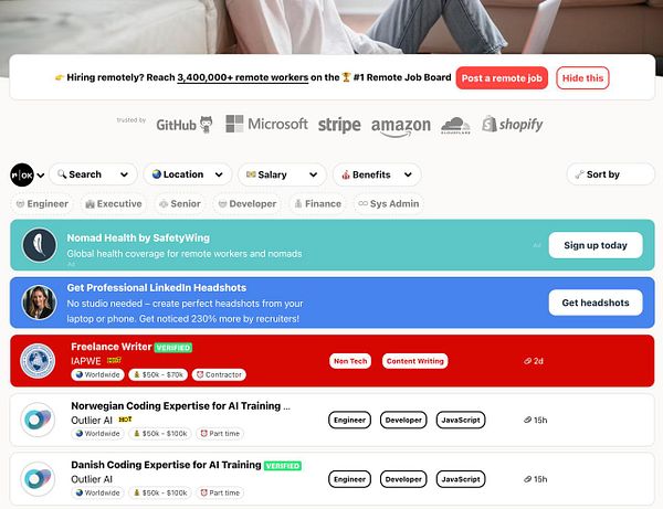 The image displays a job board interface featuring remote job listings and advertisements.