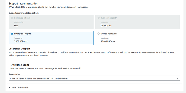 Screenshot of AWS Enterprise Support pricing details from an AWS Support webpage.