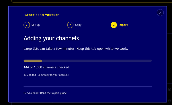 User interface displaying the progress of importing YouTube channels with a progress bar and status updates.