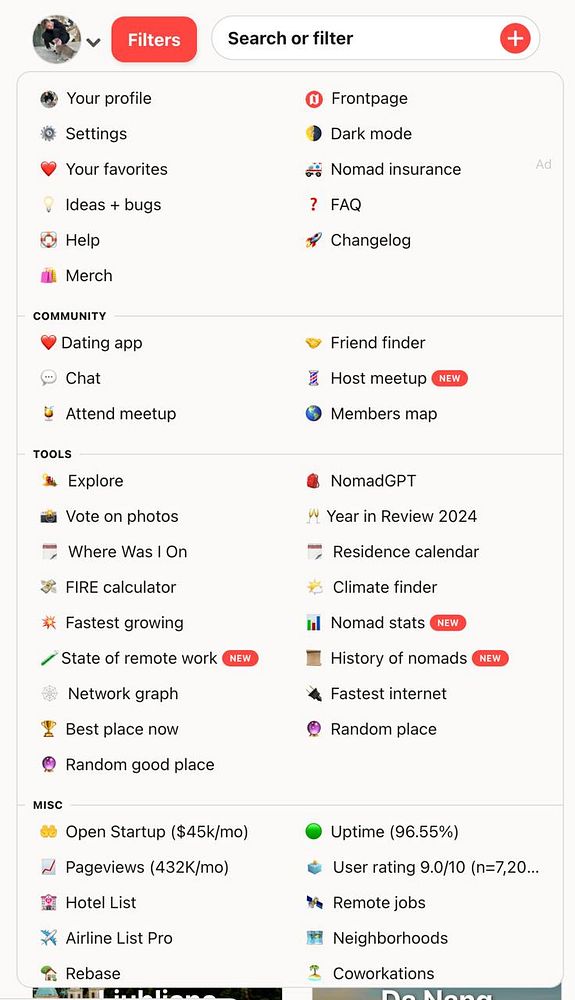 The image displays a navigation menu for a digital platform focused on community and tools for nomads.